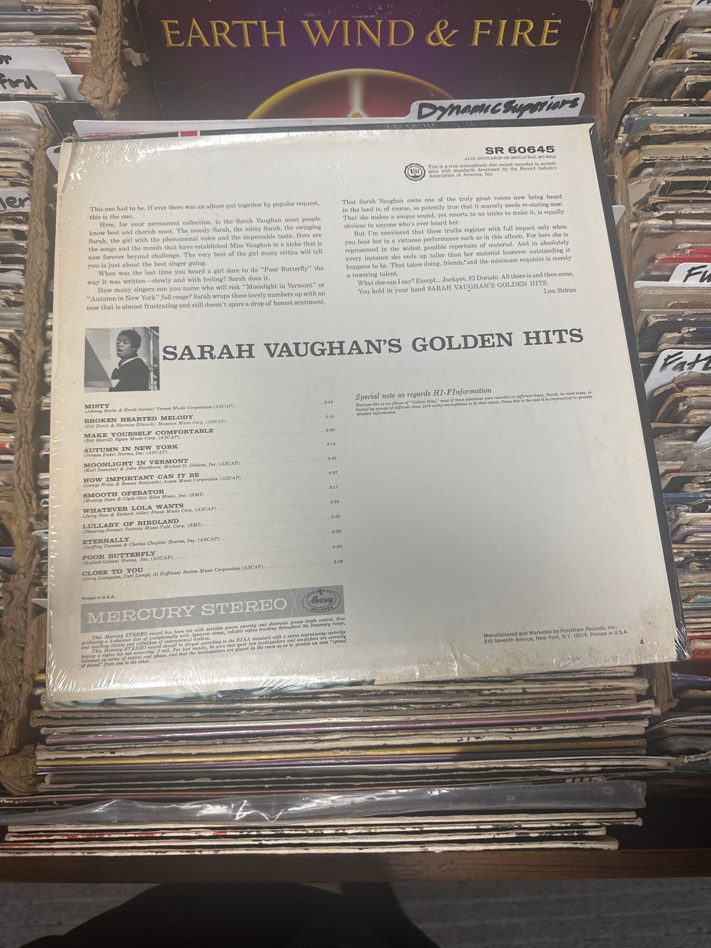 Sarah Vaughan – Sarah Vaughan's Golden Hits Vinyl LP SR 60645 VG+/VG+