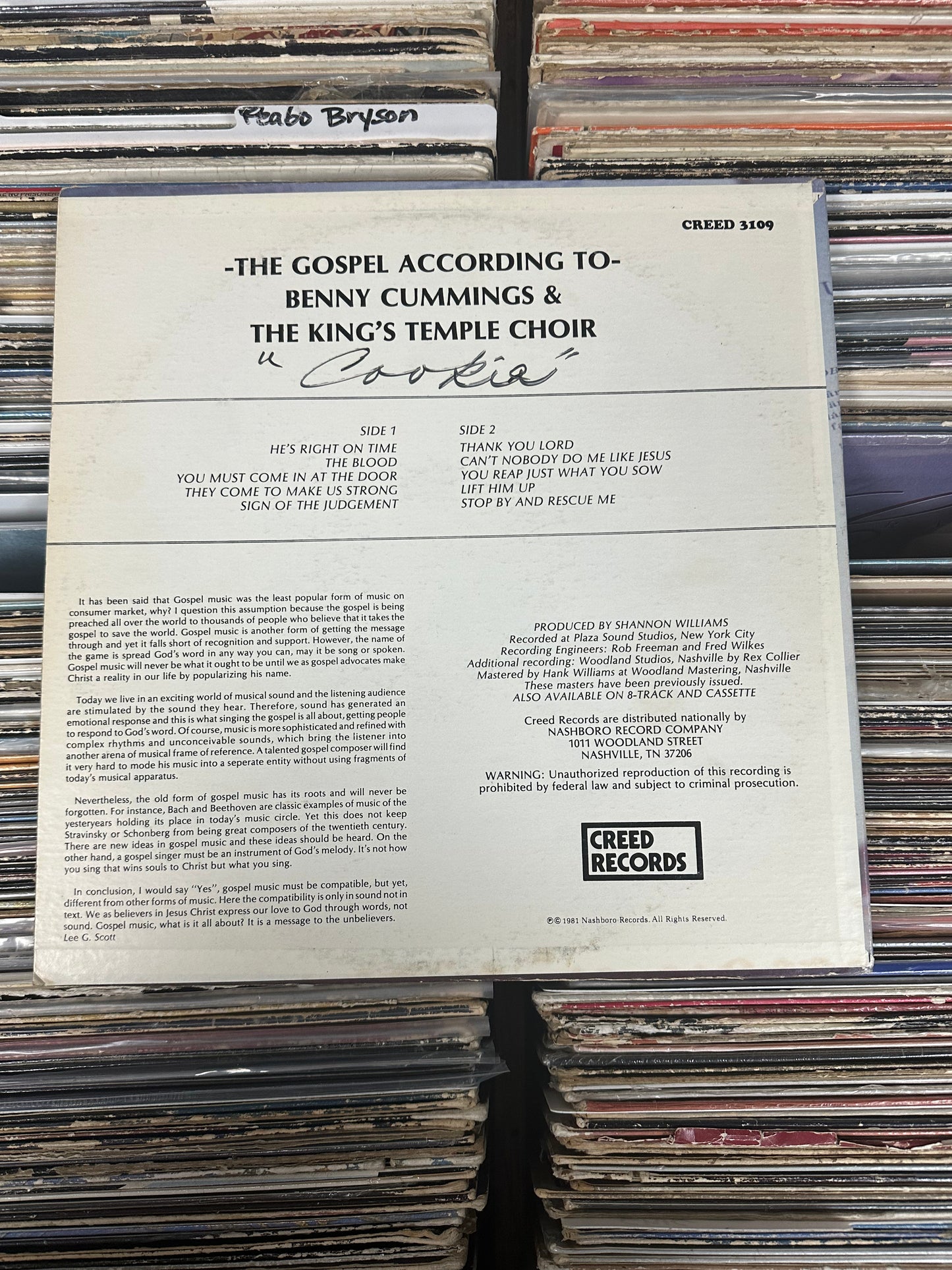 Benny Cummings and the Kings Temple Choir – The Gospel According To Vinyl LP VG+/VG