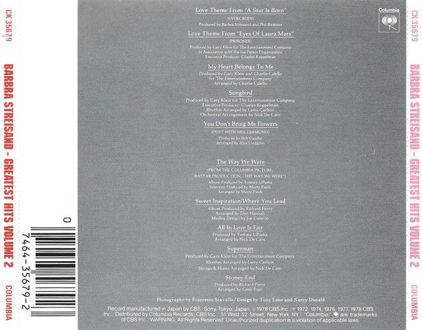 Barbra Streisand – Barbra Streisand's Greatest Hits - Volume 2 CD VG+/VG+