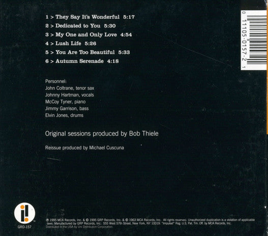 John Coltrane And Johnny Hartman – John Coltrane And Johnny Hartman CD VG+/VG+