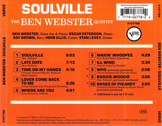 The Ben Webster Quintet – Soulville CD VG+/VG+