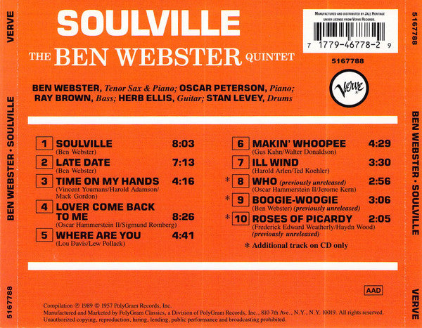 The Ben Webster Quintet – Soulville CD VG+/VG+