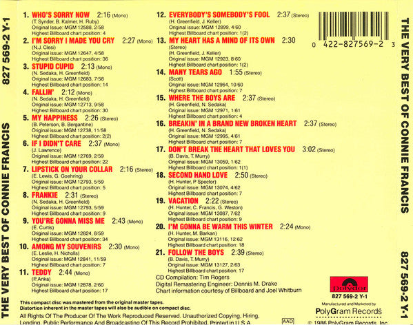 Connie Francis – The Very Best Of Connie Francis CD VG+/VG+