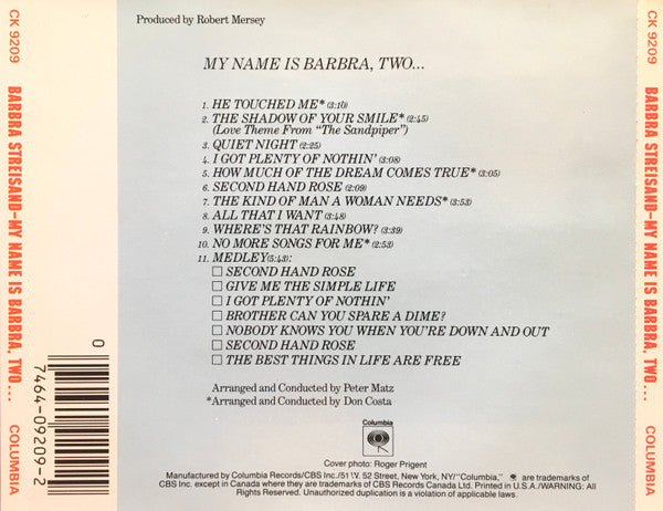 Barbra Streisand – My Name Is Barbra, Two... CD VG+/VG+
