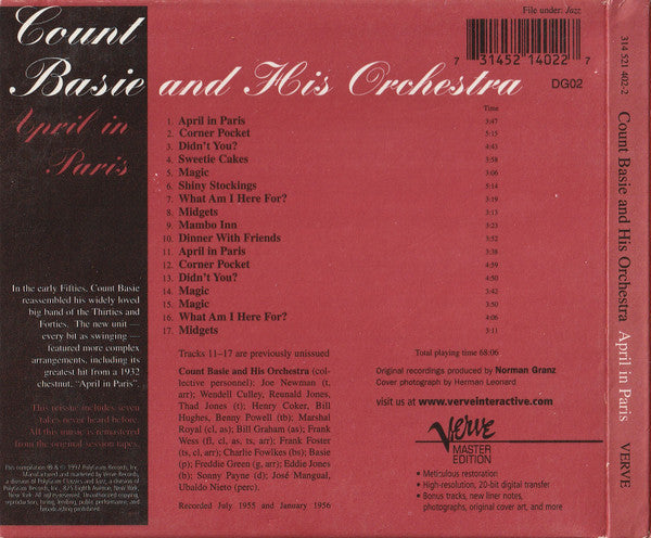 Count Basie And His Orchestra* – April In Paris Digipack CD VG+/VG+