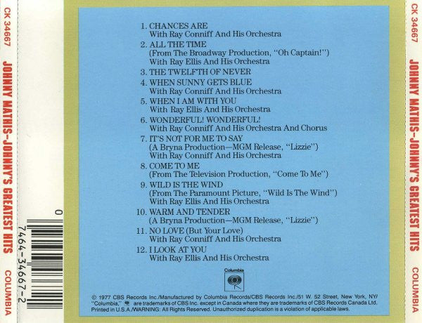 Johnny Mathis – Johnny's Greatest Hits CD VG+/VG+