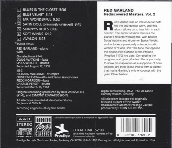 Red Garland – Rediscovered Masters, Volume 2 CD VG+/VG+