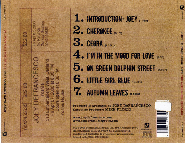 Joey DeFrancesco – Live: The Authorized Bootleg CD VG+/VG+