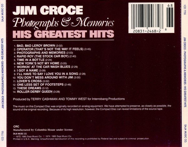 Jim Croce – Photographs & Memories • His Greatest Hits CD VG+/VG+