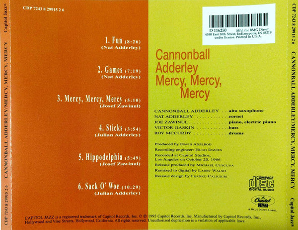 The Cannonball Adderley Quintet – Mercy, Mercy, Mercy! - Live At "The Club" CD VG/VG