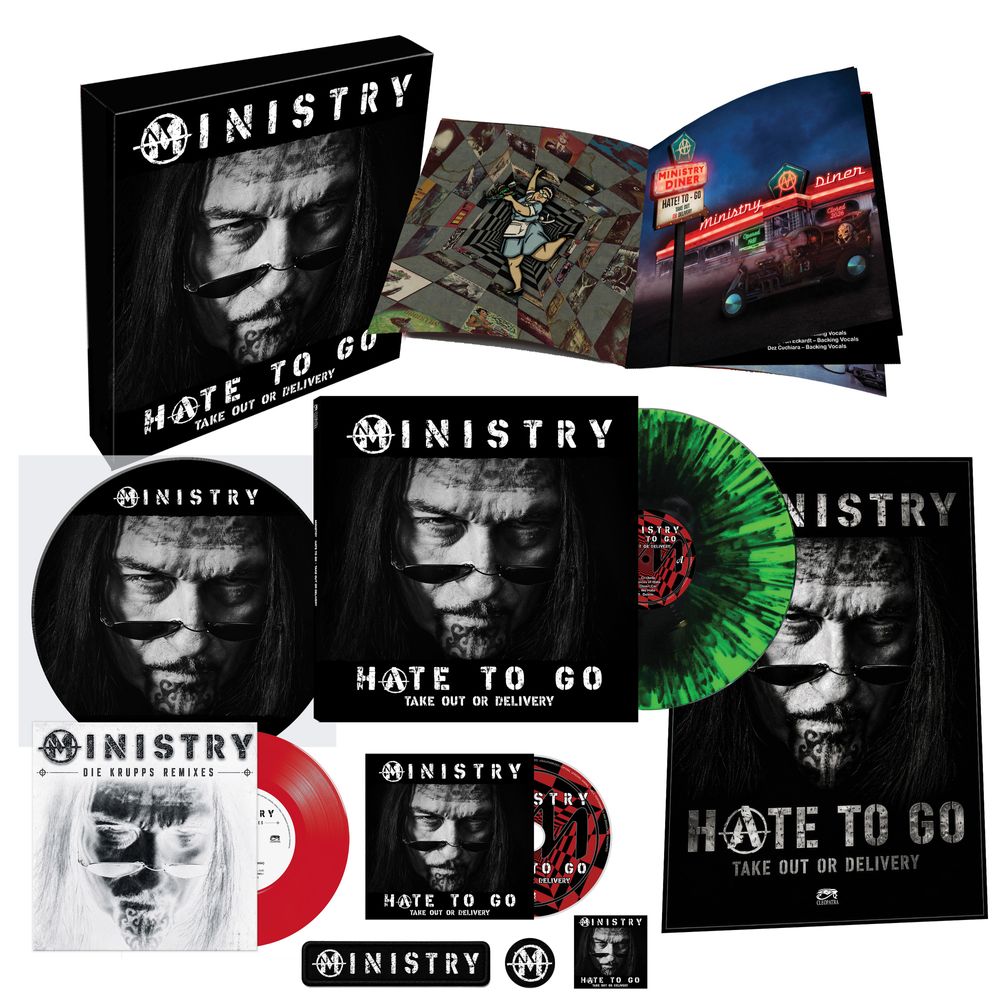 the album cover for Ministry - Hate To Go - Take Out Or Delivery [Deluxe Box - Black/Green Splatter]