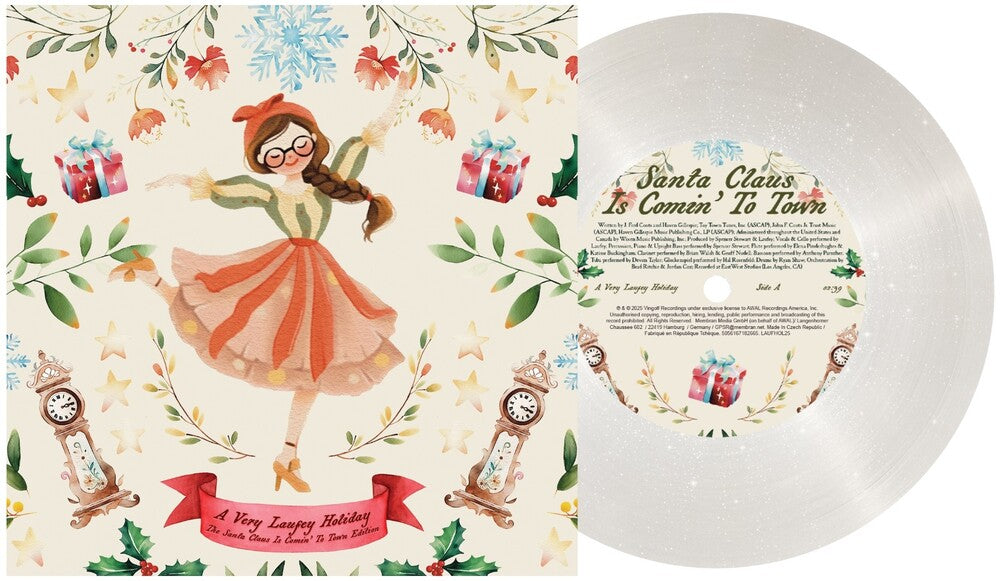 the album cover for Laufey - A Very Laufey Holiday: The Santa Claus Is Comin' To Town Edition [Snow Globe Glitter 7inch]