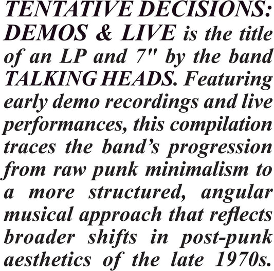the album cover for Talking Heads - Tentative Decisions: Demos & Live