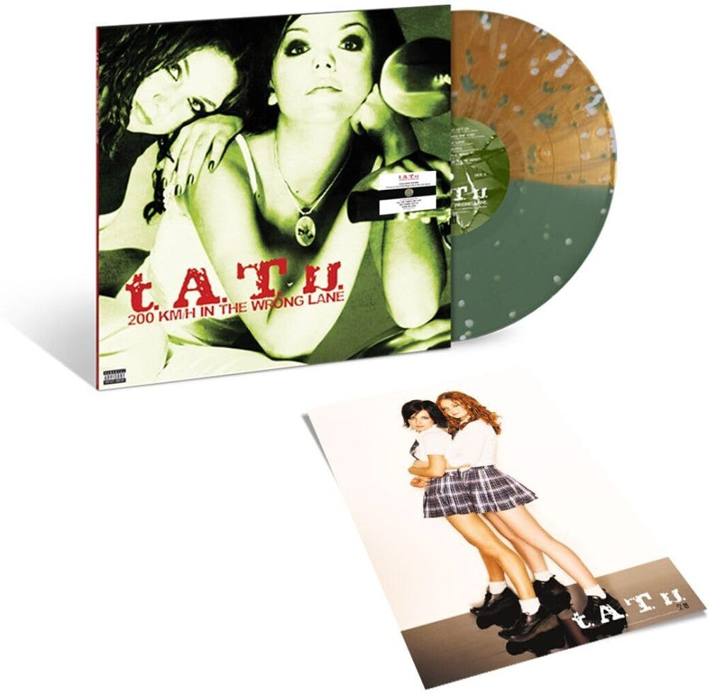 the album cover for T.A.T.U. - 200 Km/H In The Wrong Lane [Green/Gold Nugget Split Splatter]
