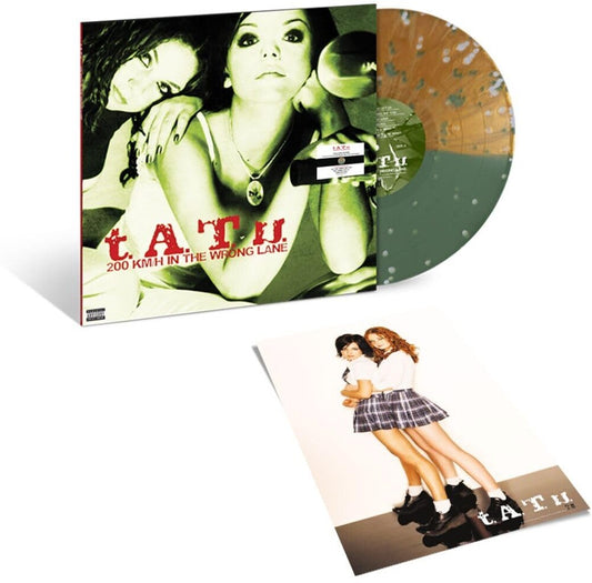 the album cover for T.A.T.U. - 200 Km/H In The Wrong Lane [Green/Gold Nugget Split Splatter]