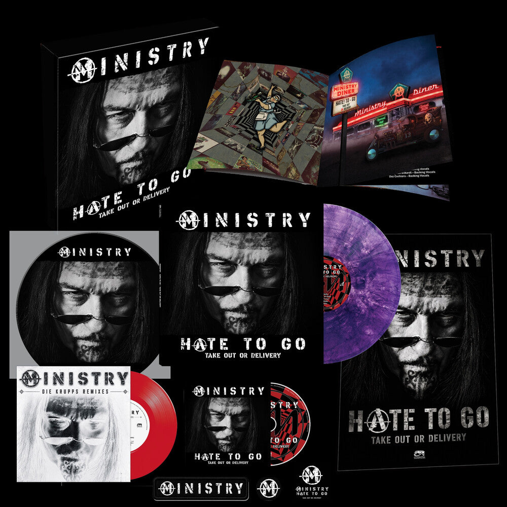 the album cover for Ministry - Hate To Go - Take Out Or Delivery [Deluxe Box - Purple/Black Marble]