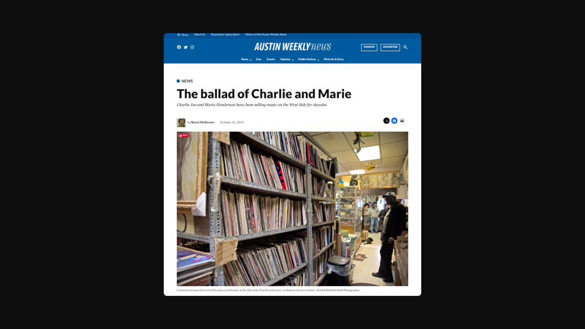Austin Weekly News feature on Out of the Past Records — floor-to-ceiling vinyl records lining the shelves of the store on West Madison Street, Chicago, 2017