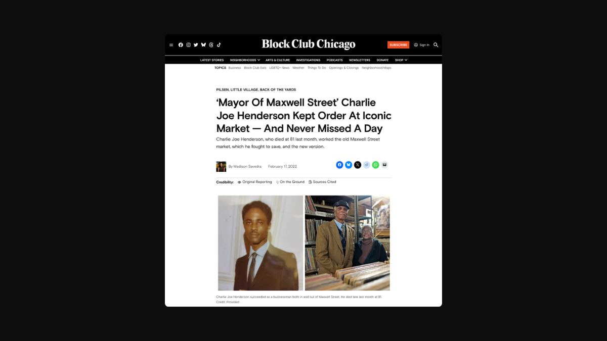 Block Club Chicago coverage of Charlie Joe Henderson — portrait photos of Charlie Joe as a young man and later in life at Out of the Past Records, February 2022