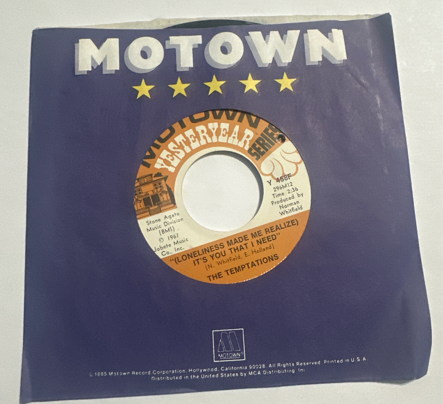 The Temptations ‎– I Wish It Would Rain /(Loneliness Made Me Realize) It's You That I Need 7" Vinyl  Y 458F VG+