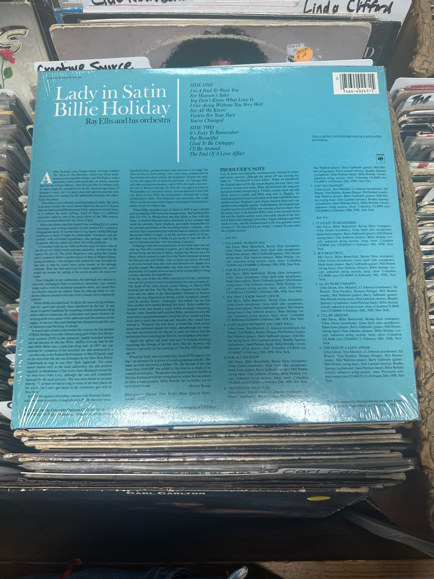 Billie Holiday, Ray Ellis And His Orchestra ‎– Lady In Satin Vinyl LP CJ 40247 VG+/VG+