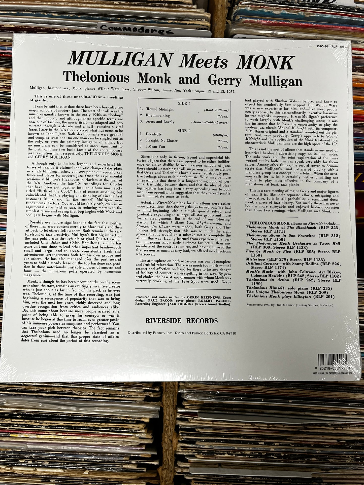 Thelonious Monk And Gerry Mulligan ‎– Mulligan Meets Monk Vinyl Lp OJC-301