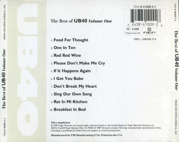 UB40 – The Best Of UB40 - Volume One CD VG+/VG+