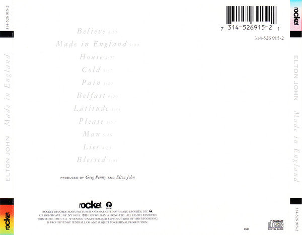 Elton John ‎– Made In England CD VG+/VG+