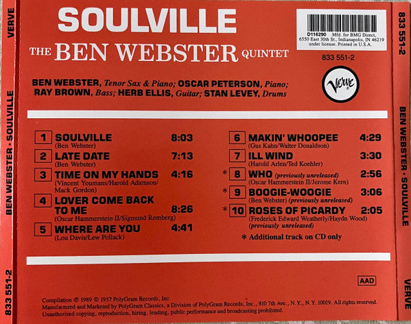 The Ben Webster Quintet – Soulville CD VG+/VG+