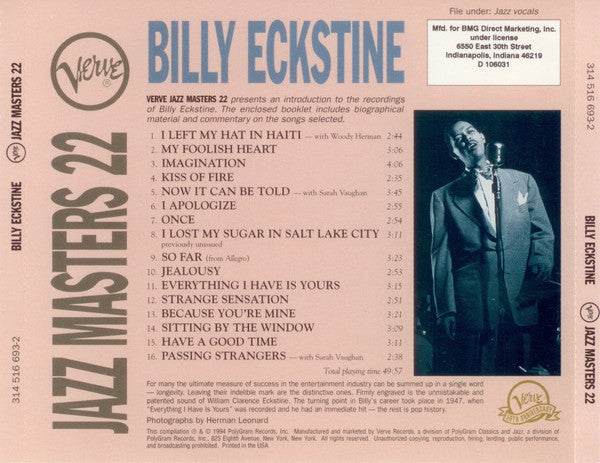 Billy Eckstine – Verve Jazz Masters 22 CD VG+/VG+