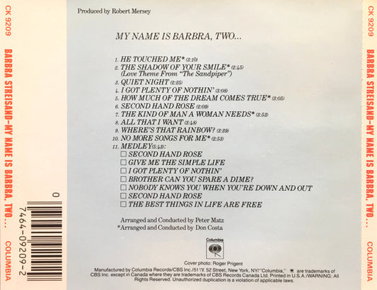 Barbra Streisand – My Name Is Barbra, Two... CD VG+/VG+