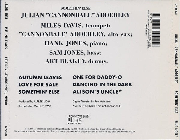Cannonball Adderley – Somethin' Else CD VG+/VG+