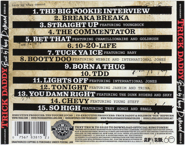 Trick Daddy ‎– Back By Thug Demand CD Mint Condition