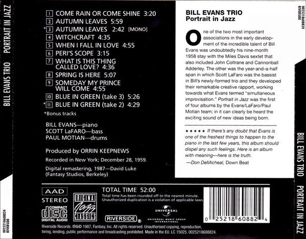 Bill Evans Trio – Portrait In Jazz CD VG+/VG+